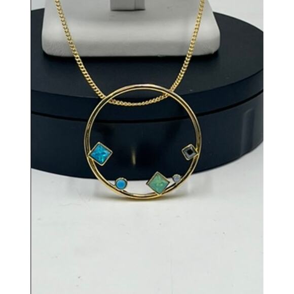 Botkier Designer Gold Tone Geometric Round Pendant Multicolor Stone Necklace New - Picture 9 of 10